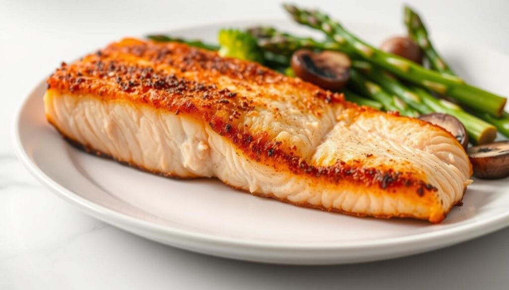 A high-quality photograph of a beautifully prepared keto-friendly salmon dish, with a crisp, golden-brown crust and a glistening, flaky interior. The salmon is artfully arranged on a simple white plate, surrounded by a colorful medley of roasted vegetables - vibrant green broccoli florets, tender asparagus spears, and earthy mushrooms. The lighting is soft and natural, highlighting the salmon's delicate pinkish hue and the rich, buttery texture. The overall composition is clean, elegant, and inviting, showcasing the perfect harmony between the nourishing salmon and the keto-approved accompaniments. A high-quality photograph of a beautifully prepared keto-friendly salmon dish, with a crisp, golden-brown crust and a glistening, flaky interior. The salmon is artfully arranged on a simple white plate, surrounded by a colorful medley of roasted vegetables - vibrant green broccoli florets, tender asparagus spears, and earthy mushrooms. The lighting is soft and natural, highlighting the salmon's delicate pinkish hue and the rich, buttery texture. The overall composition is clean, elegant, and inviting, showcasing the perfect harmony between the nourishing salmon and the keto-approved accompaniments.
