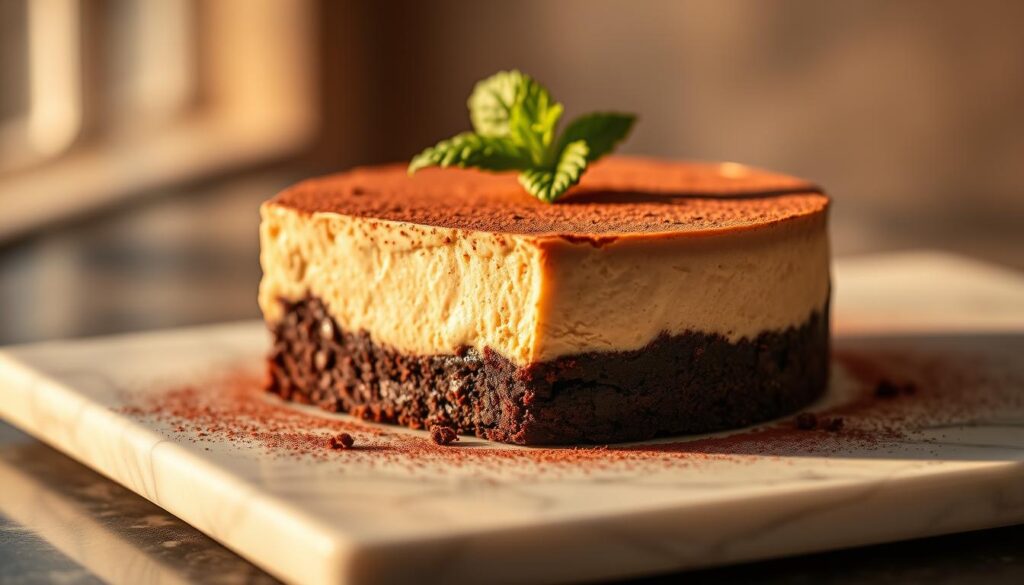 A luscious brownie cheesecake with a rich, fudgy base and a silky smooth top, illuminated by warm, golden lighting. Nestled on a sleek, marble surface, the dessert's layers are beautifully visible, enticing the viewer to indulge. Garnished with a dusting of cocoa powder and a sprig of fresh mint, creating a visually striking contrast. The scene is captured from a slightly elevated angle, emphasizing the dessert's decadent presentation. The overall mood is one of indulgence and temptation, perfectly capturing the essence of this "Decadent World of Brownie Cheesecake." A luscious brownie cheesecake with a rich, fudgy base and a silky smooth top, illuminated by warm, golden lighting. Nestled on a sleek, marble surface, the dessert's layers are beautifully visible, enticing the viewer to indulge. Garnished with a dusting of cocoa powder and a sprig of fresh mint, creating a visually striking contrast. The scene is captured from a slightly elevated angle, emphasizing the dessert's decadent presentation. The overall mood is one of indulgence and temptation, perfectly capturing the essence of this "Decadent World of Brownie Cheesecake."