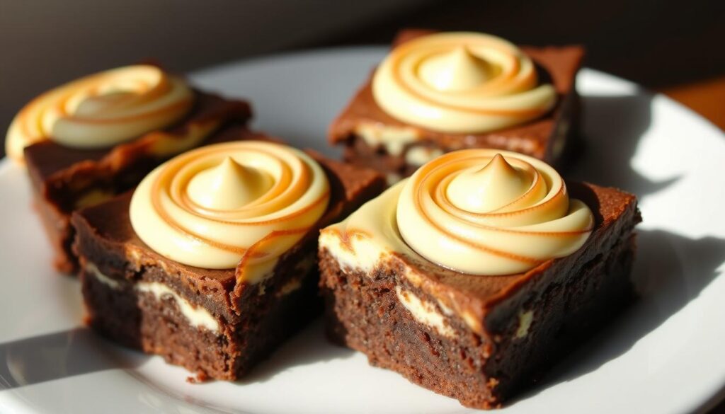 Delectable cheesecake brownies, freshly baked, with a decadent swirl of creamy cheese atop a rich, fudgy chocolate base. The top is lightly browned, creating an inviting contrast between the smooth, silky cheese and the deep, dark chocolate. Soft natural lighting illuminates the dessert, highlighting the intricate texture and tantalizing layers. The brownies sit on a simple white plate, allowing the indulgent treat to be the focal point. The overall scene evokes a sense of artisanal craftsmanship and gourmet indulgence, perfectly capturing the essence of "The Perfect Blend of Chocolate and Cheese". Delectable cheesecake brownies, freshly baked, with a decadent swirl of creamy cheese atop a rich, fudgy chocolate base. The top is lightly browned, creating an inviting contrast between the smooth, silky cheese and the deep, dark chocolate. Soft natural lighting illuminates the dessert, highlighting the intricate texture and tantalizing layers. The brownies sit on a simple white plate, allowing the indulgent treat to be the focal point. The overall scene evokes a sense of artisanal craftsmanship and gourmet indulgence, perfectly capturing the essence of "The Perfect Blend of Chocolate and Cheese".