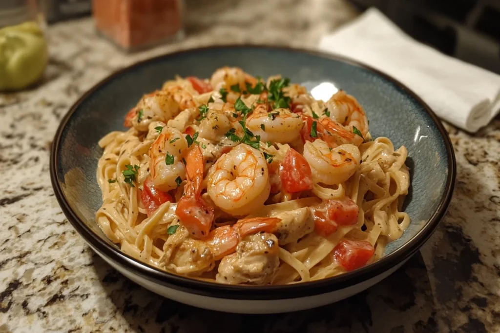 A sumptuous dish with tender chicken and succulent shrimp, nestled in a creamy, velvety alfredo sauce. In the foreground, the steaming pasta twirls and curls, glistening with the rich, buttery sauce. Sprinkled throughout, bright green broccoli florets and slivers of sun-dried tomatoes add pops of color. In the middle ground, the juicy, pan-seared chicken and plump, sautéed shrimp take center stage, their golden-brown edges catching the warm, inviting light. The background features a rustic, wooden table, its weathered surface a perfect stage for this comforting, indulgent meal. Soft, muted tones create a cozy, intimate atmosphere, inviting the viewer to savor every bite of this creamy, delectable "Chicken and Shrimp Alfredo" delight.
